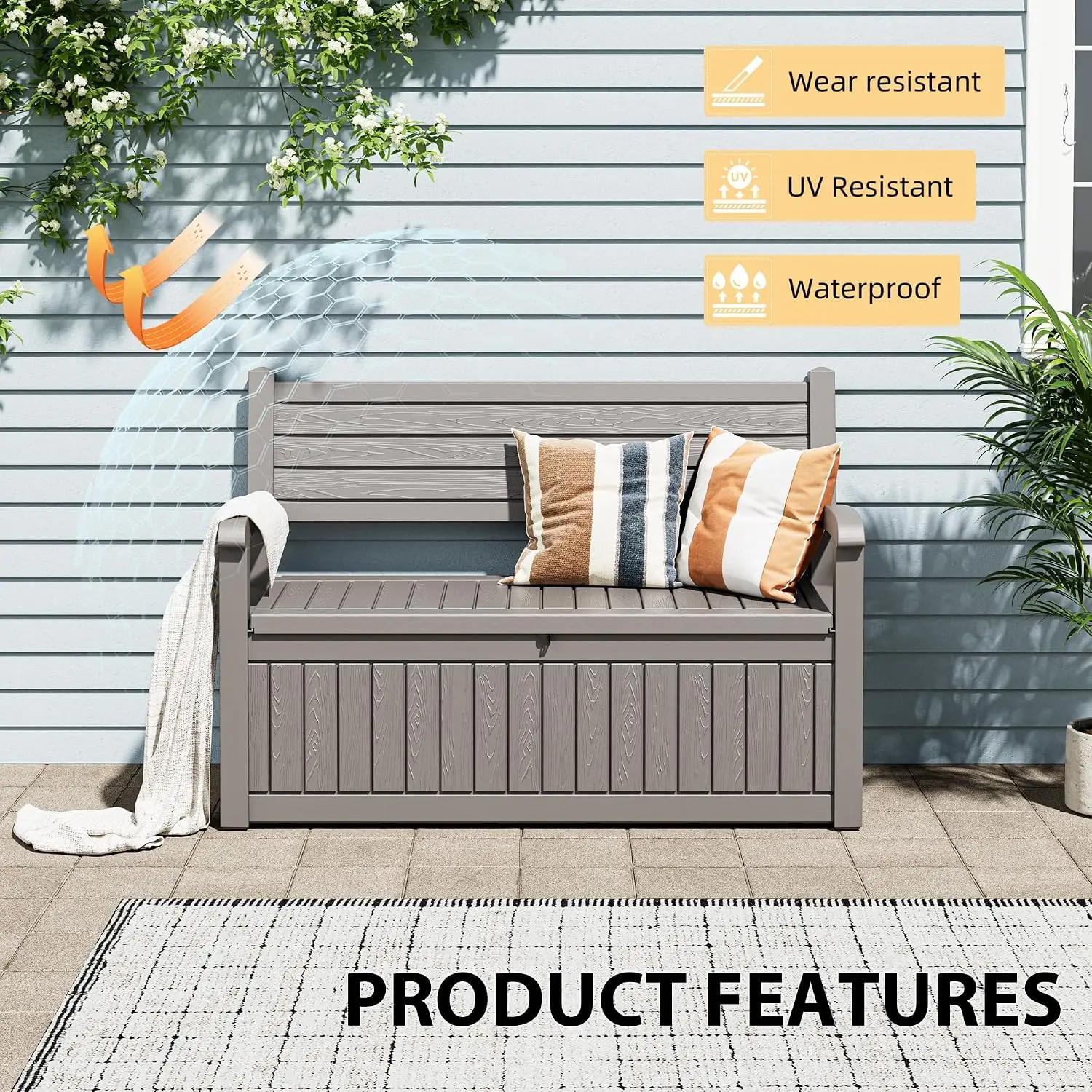 80 Gallon Lockable Deck Bench with Storage, Resin Stripes Outdoor Storage Box for Cushions Garden Tools and Pool Supplies Grey view 5