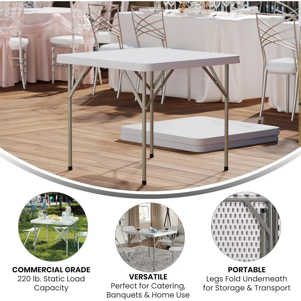 White 2.85' Square Plastic Folding Table with Locking Legs for Indoor/Outdoor Events