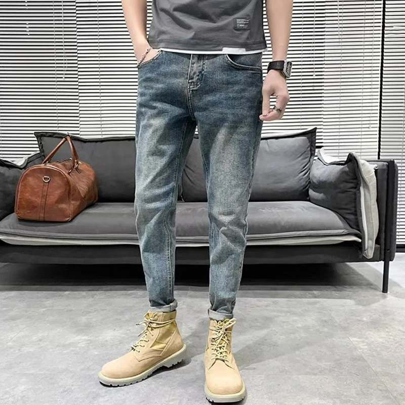 Mens Stretch Slim Fit Casual Jeans 2023 New Spring Summer Men's Vintage Blue Solid Color Classic Denim Pants Brand Male Trousers