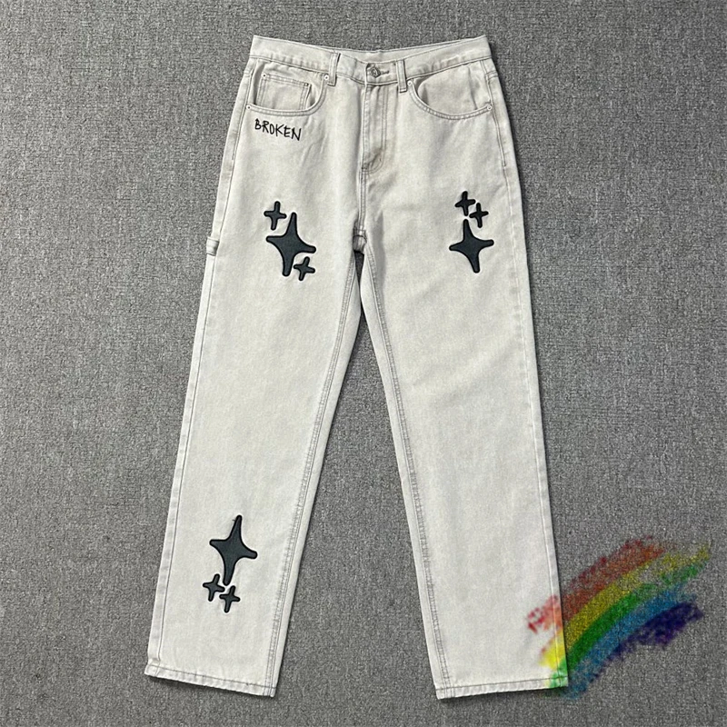 

Black Embroidery Four Cornered Star BROKEN PLANET Jeans Men Women Unisex 1:1 Best Quality Streetwear Denim Pants