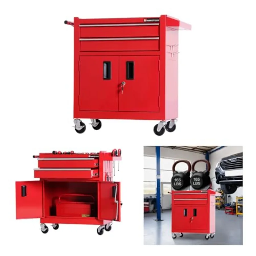 

Ящик для инструментов на колесах, усиленный, стальной, с запирающимися дверцами, TZ12, красный