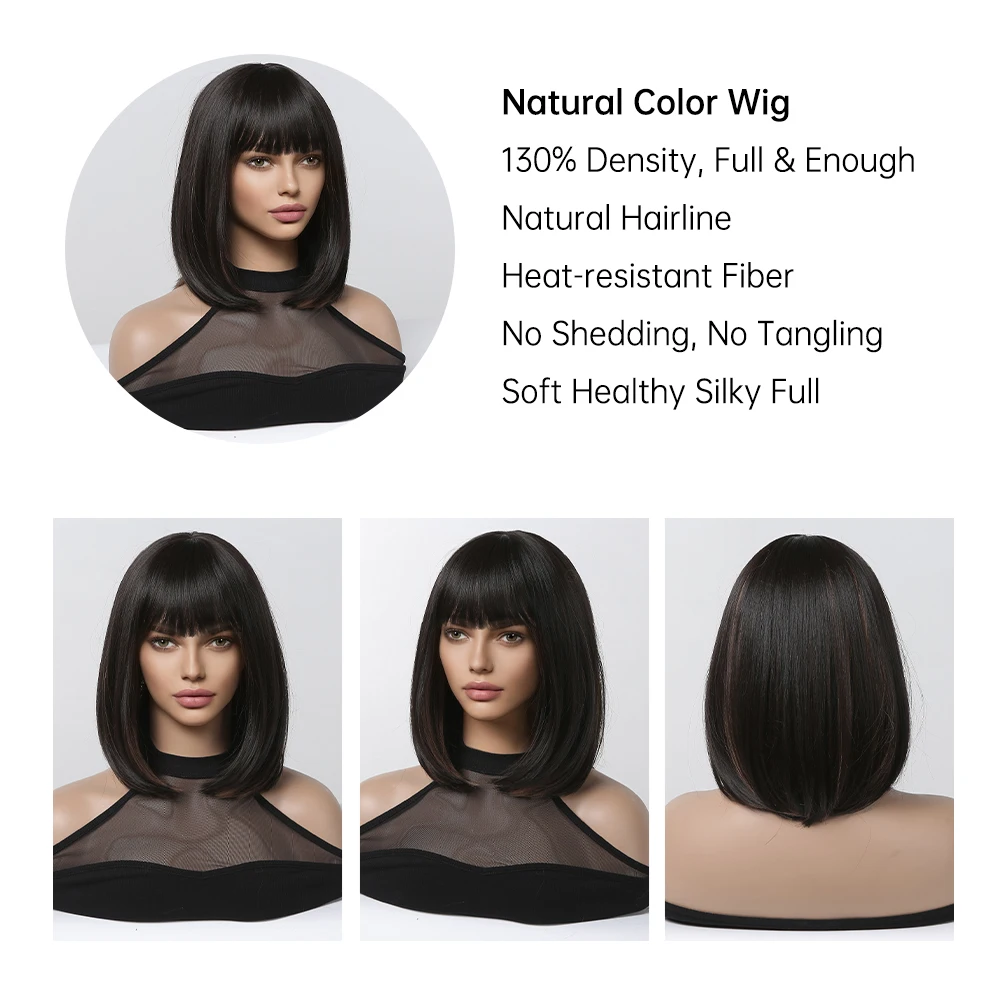 LOUIS FERRE Short Black Synthetic Wigs for Women Brown Mixed Black Highlight Wigs with Bangs Cosplay Party Heat Resistant Hair