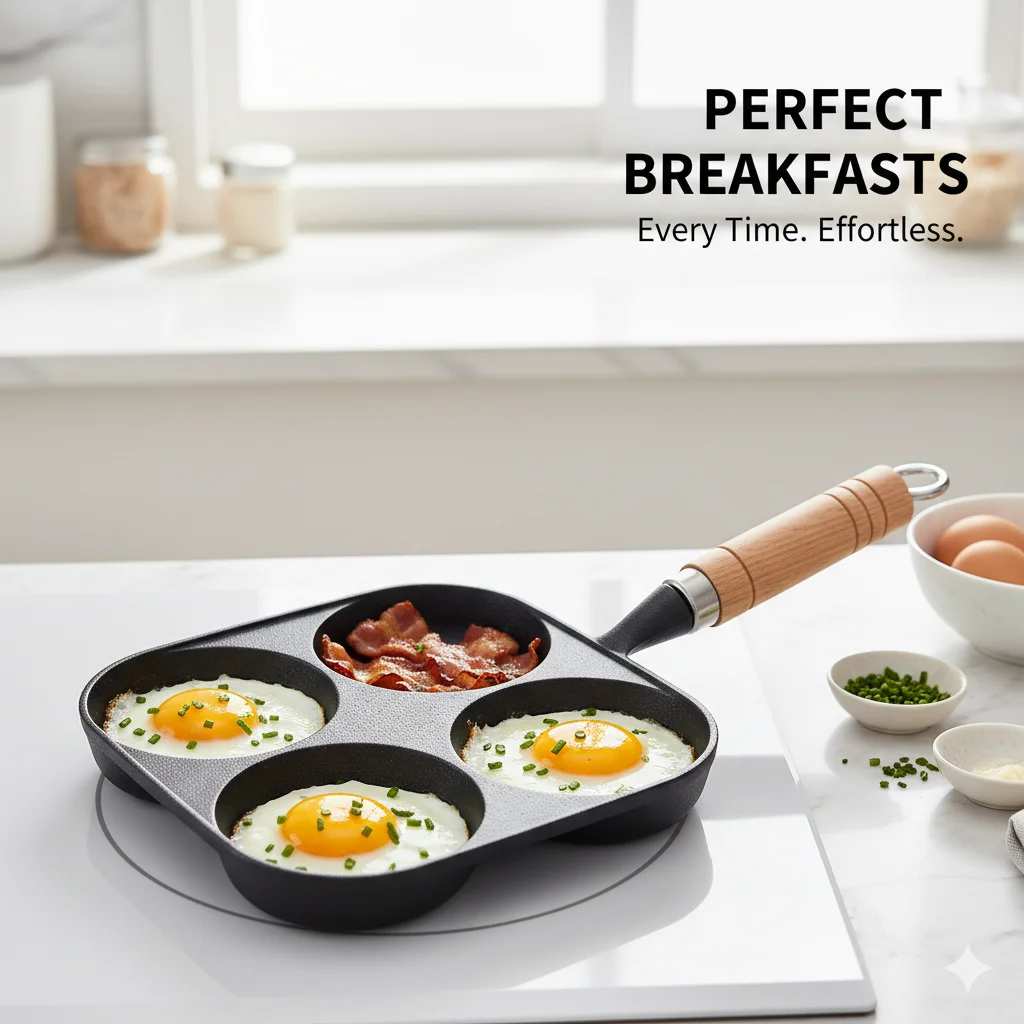 

Сковорода для яиц на 4 порции с антипригарным покрытием и деревянной ручкой для индукционных и газовых плит, для приготовления блинов и омлетов, для завтрака