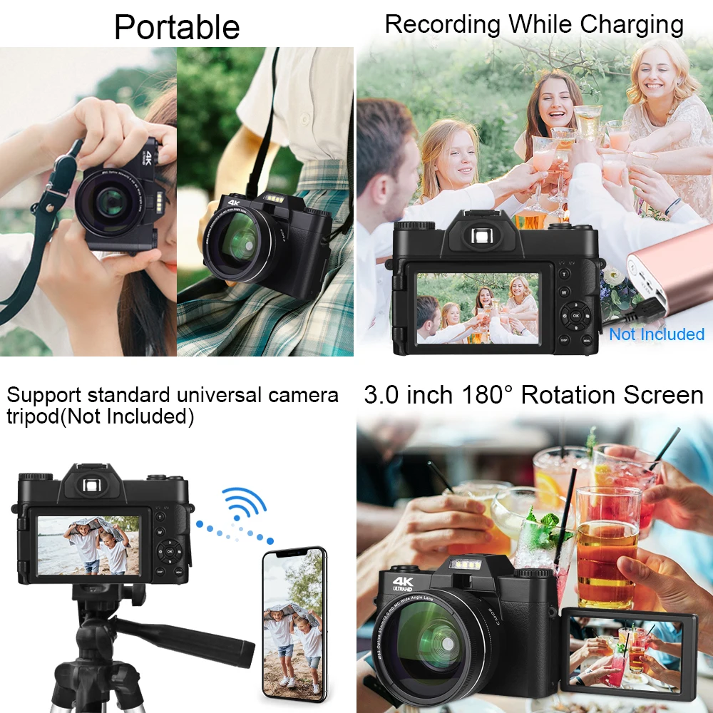 4K HD Professional Digital Camera Camcorder WIFI Webcam Wide Angle 16X Digital Zoom 48MP Photography 3 Inch Flip Screen Recorder