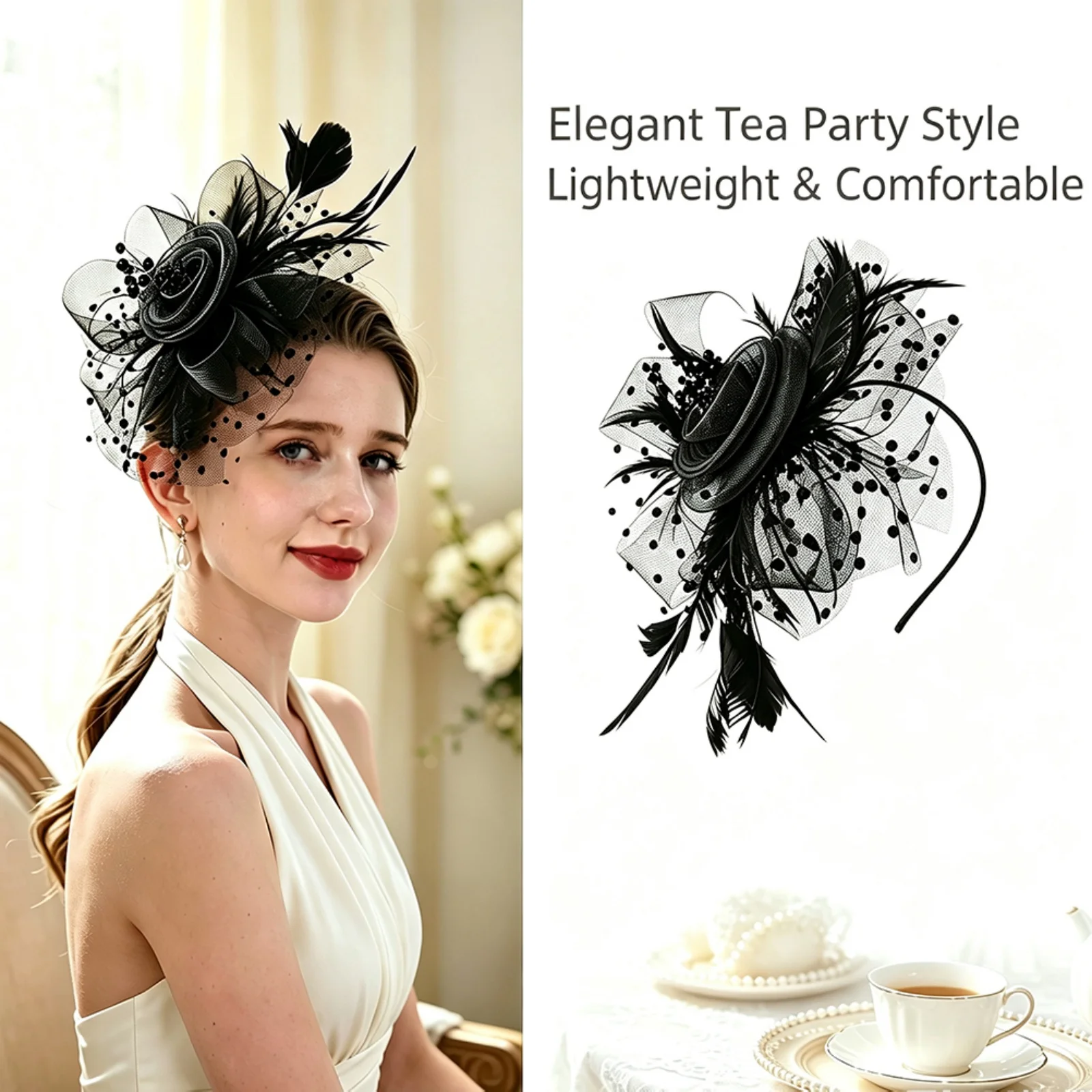 2 Pièces DRESHOW – Pince à Cheveux Moderne en Plumes, Fascinator Élégant pour Mariage, Fête, Style Royal Ascot, Chapeau de Cérémonie pour Filles et Femmes