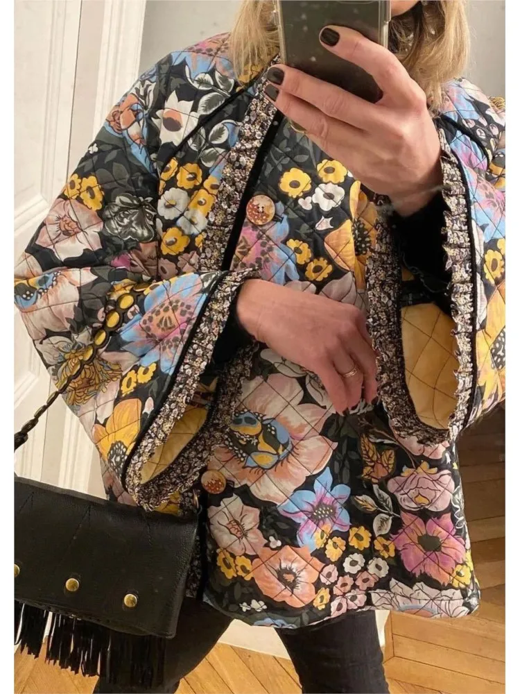 المرأة عادية الأزهار طباعة سترة فضفاضة معطف القطن الخريف الشتاء طويلة الأكمام معطف مبطّن امرأة الدافئة أبلى سترات خمر