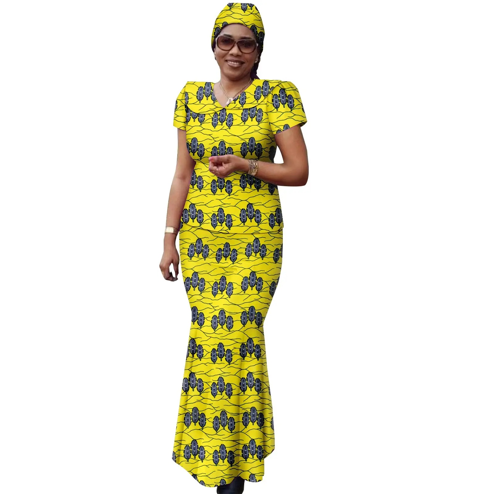 African Women Set Ankara Print Traditional Doll Collar Top and Skirts Match Headscarf Bazin Riche Dashiki Lady Outfits Y2326003