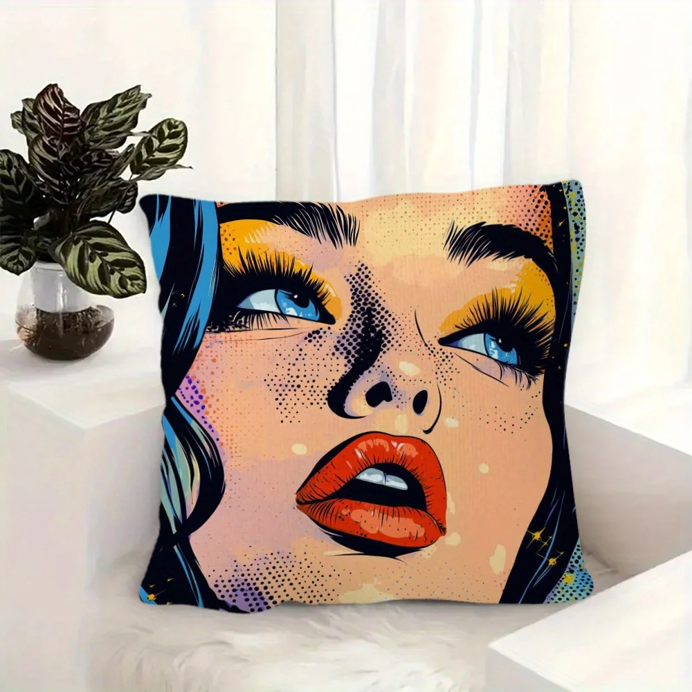 Pop Art Girl Pillow Case, Retro Comic Book Style Cushion Cover Vintage Cartoon Face Home Decor for Sofa Bedroom Living Room Gift