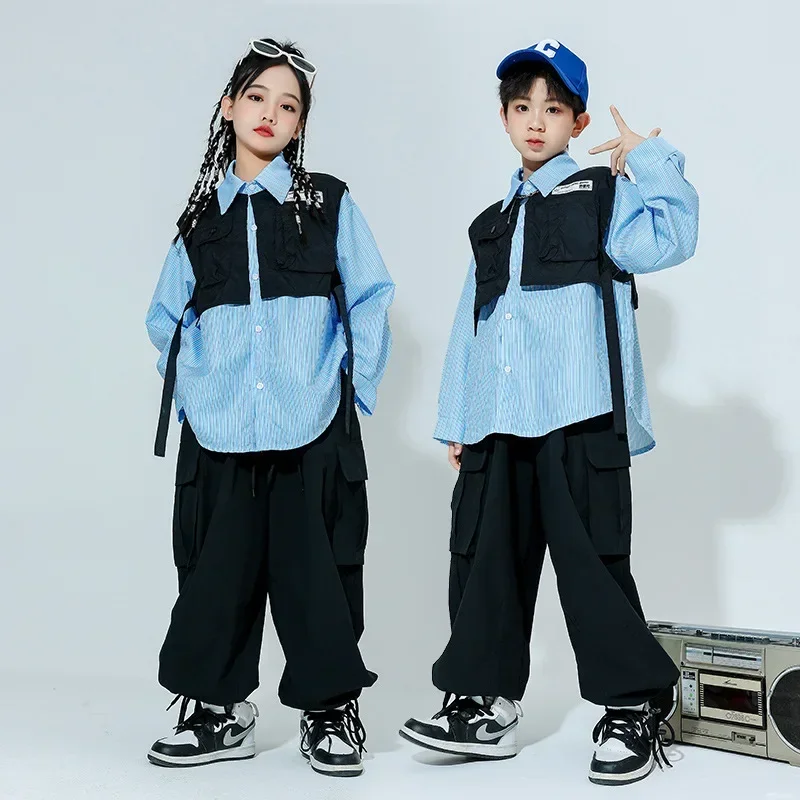 

Children Hip Hop Fashion Show Clothes Kids Boys Grils Long Sleeve Loose Casual Splice Stripe Shirts Cargo Pants Sets Tracksuits