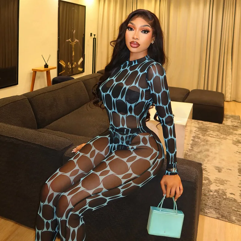 Sexy See Through 2 Piece Set Woman Patchwork Print o-Neck Full Sleeve Bodysuits+Skinny Wrap Hip Long Pants Outfit