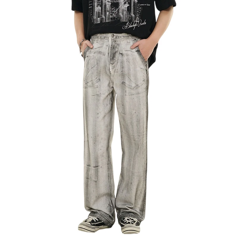 2024 Spring and Summer Washed Vintage Jeans Men's Loose Straight Ankle-Tied American High Street Draped Pants