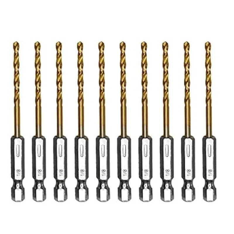 

amoolo 1/8 Hex Shank Drill Bits, 10Pcs Titanium HSS Twist Impact Drill Bit Set for Metal, Steel, Wood, Plastic, Quick Change