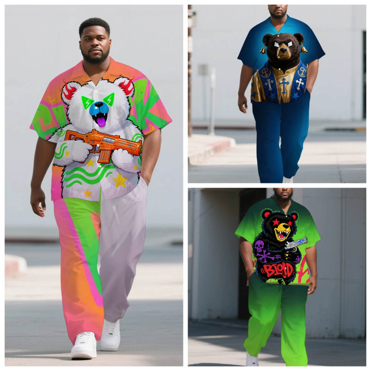 Conjunto de Camisa y Pantalones Extra Grandes con Estampado de Oso Graffiti para Hombre, Tallas S-9XL, Diseño Múltiple, Estilo Casual de 2 Piezas