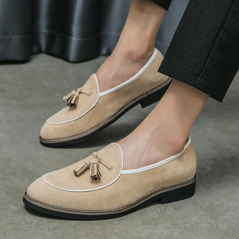 Loafers Shoe Men Faux Suede Solid Color Tassel Decoration Low Heel Fashion Comfort Non Slip Business Casual Shoes