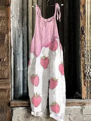 Summer New Women's Jumpsuit Strawberry Fruit 3D Digital Print Loose and Comfortable Casual Women's Sleeveless Overalls in Large