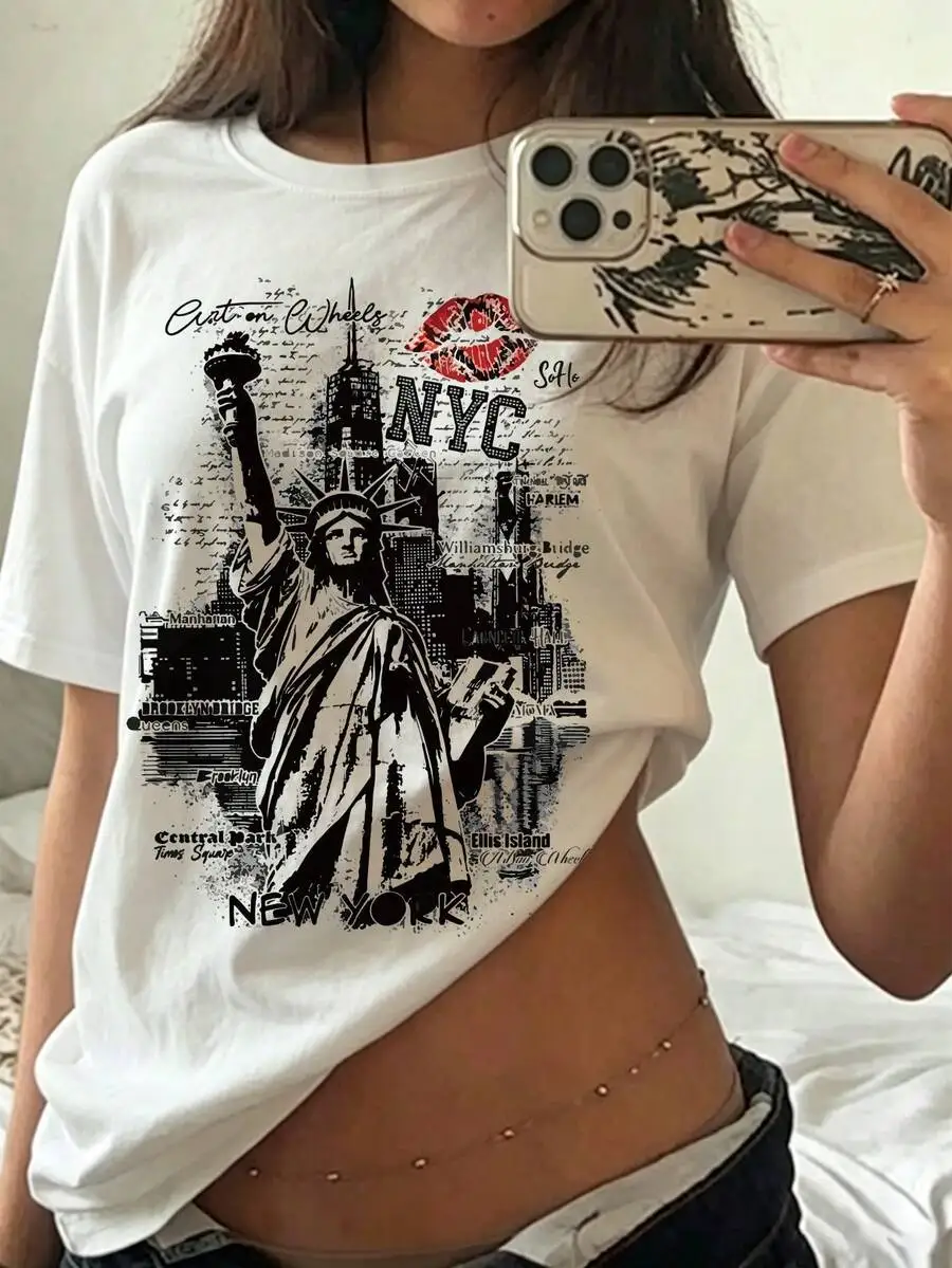 2026 NewY2K Teen Girls High Street Fashion Brand NYC Landmark Architecture Statue Of Liberty Red Lips Vintage Print T-Shirt, Y2K Hot Girl Lazy Style T
