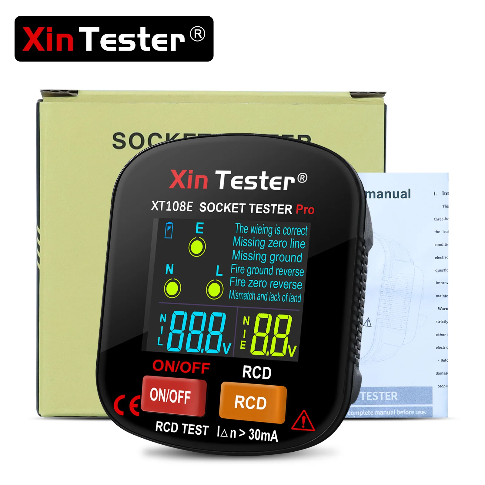 Xin tester 30ma tela colorida soquete testador de saída detector rcd terra ao vivo zero linha polaridade fase verificação tensão ferramenta