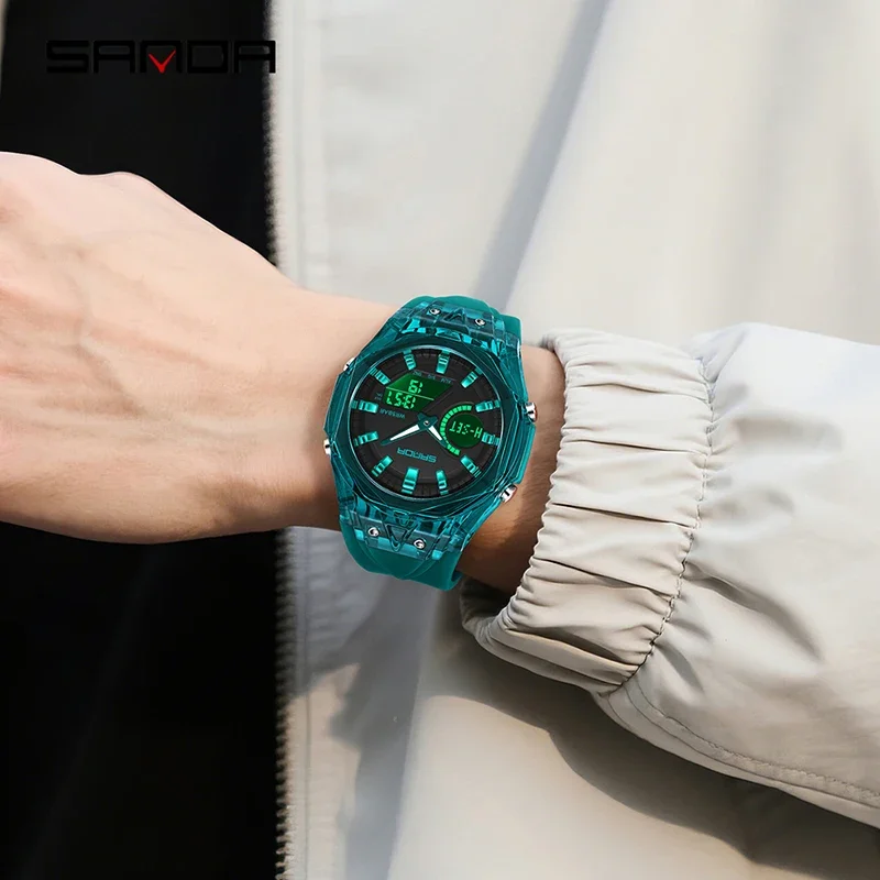 SANDA 新しいスポーツメンズクォーツ時計高級軍事防水時計デュアルディスプレイ LED デジタル男性 Ms 学生ギフト腕時計