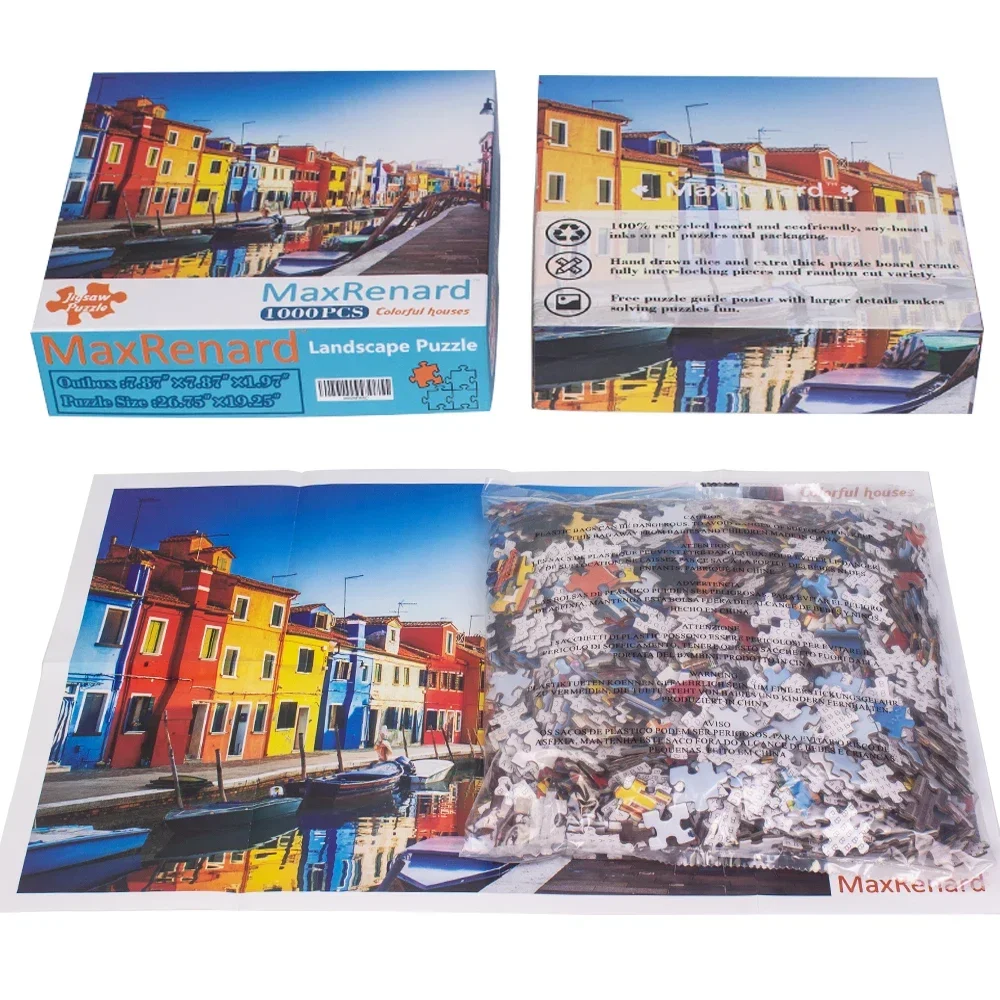 MaxRenard 68*49cm Jigsaw Puzzle 1000pcs Aduls Brilliant Landscape Colorful Venice Burano Island Home Wall Decoration Family Game