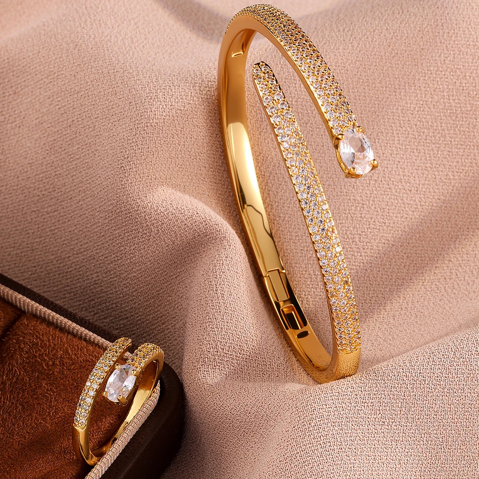 ZAKOL Trendy Elliptische Zirkon Kopf Nagel Geformt Offene Armband Ring Set Saudi-Arabien Mode Hochzeit Schmuck Zubehör