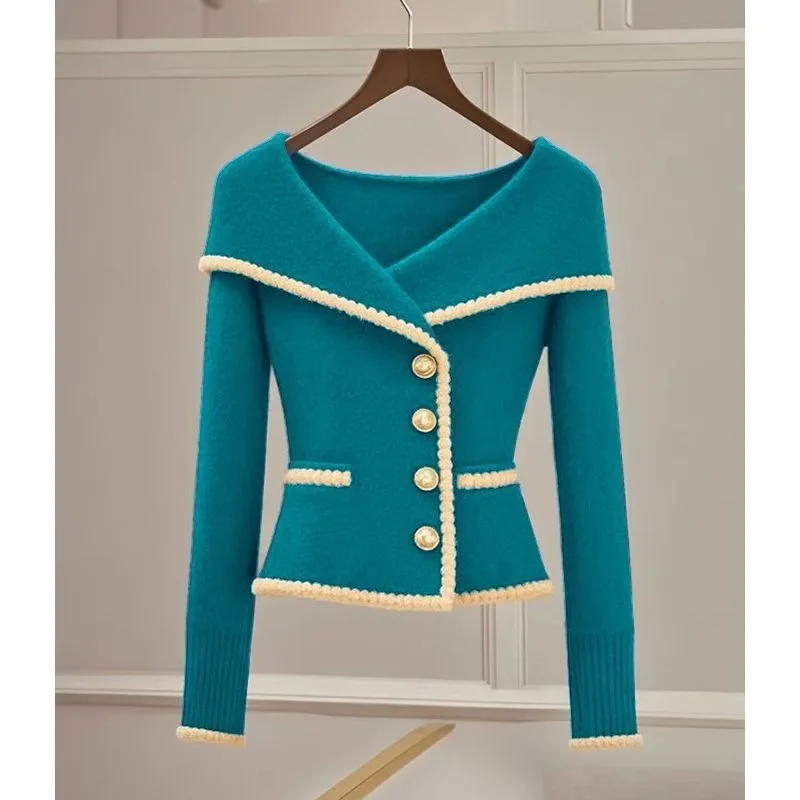 Nuevo Otoño Invierno ropa de manga larga para ir al trabajo Ins Top de punto abrigo de mujer de alta calidad francés Chic suéter con cuello en V cárdigan abrigo