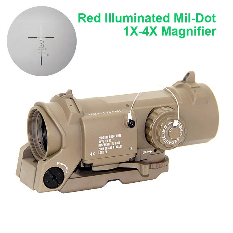 

Tactical 1X-4X Magnifier Dual Role Optics Red Illuminated Mil-Dot Scope Hunting Riflescope Fit 20mm Weaver Picatinny Rail