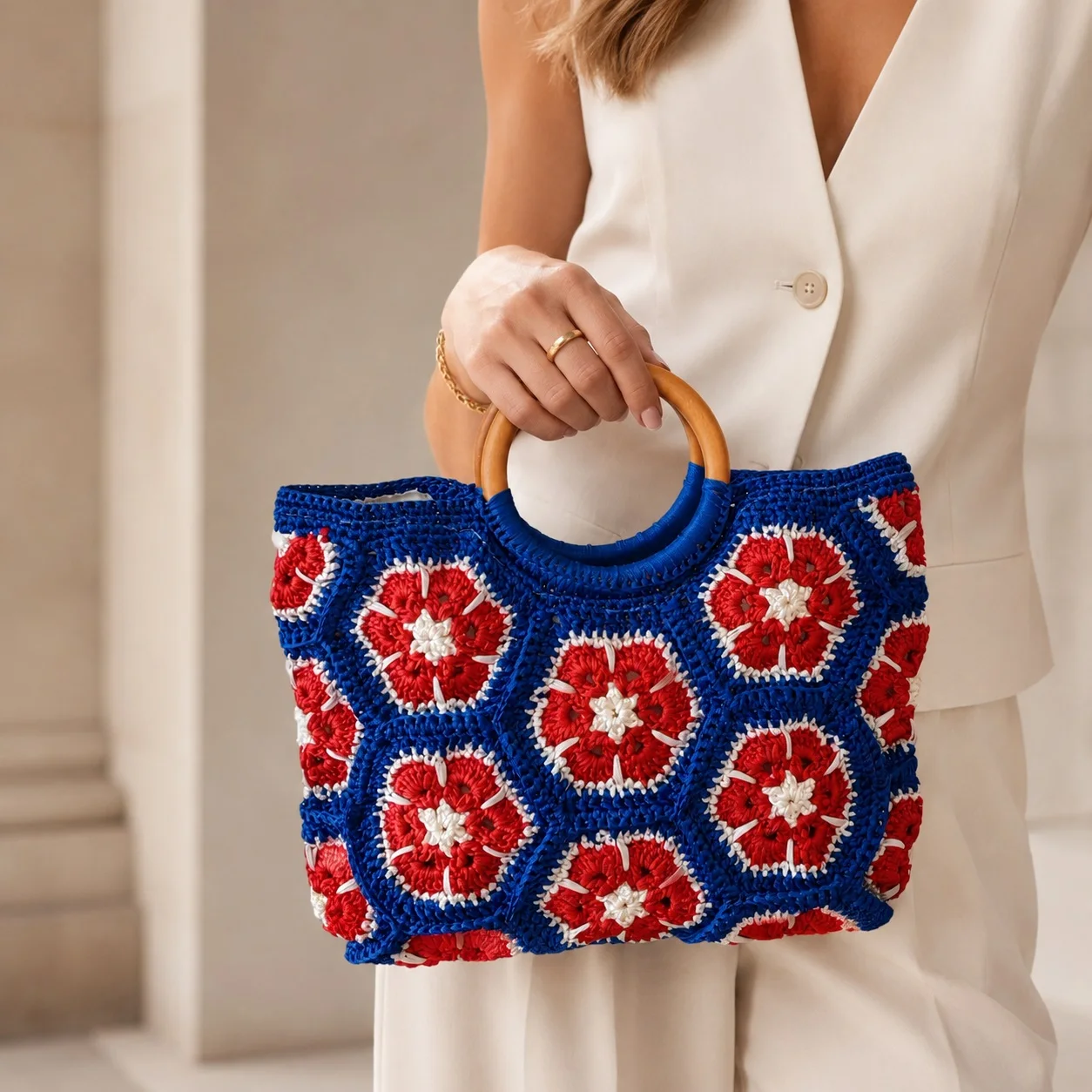 Fully Handmade Crochet Tote Bag with Wooden Handles, Floral Granny Square Handbag with Magnetic Closure and Cotton Lining