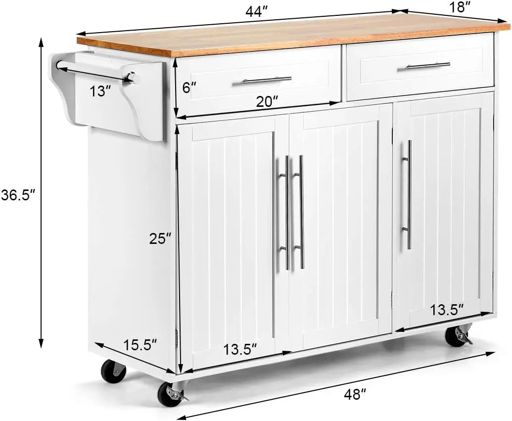 Kitchen Island Cart Rolling Storage Trolley Cart with Lockable Castors, Towel Handle,