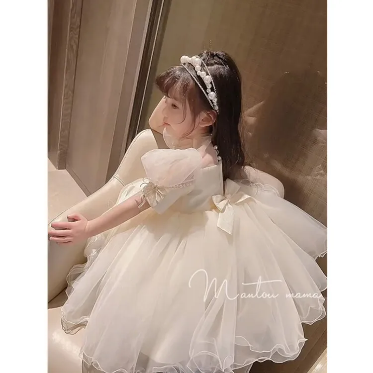 Girls' Summer Fluffy Dress Pearl Collar Bubble Sleeves Baby Princess Birthday Dress Performance Dress Children Stylish Clothing