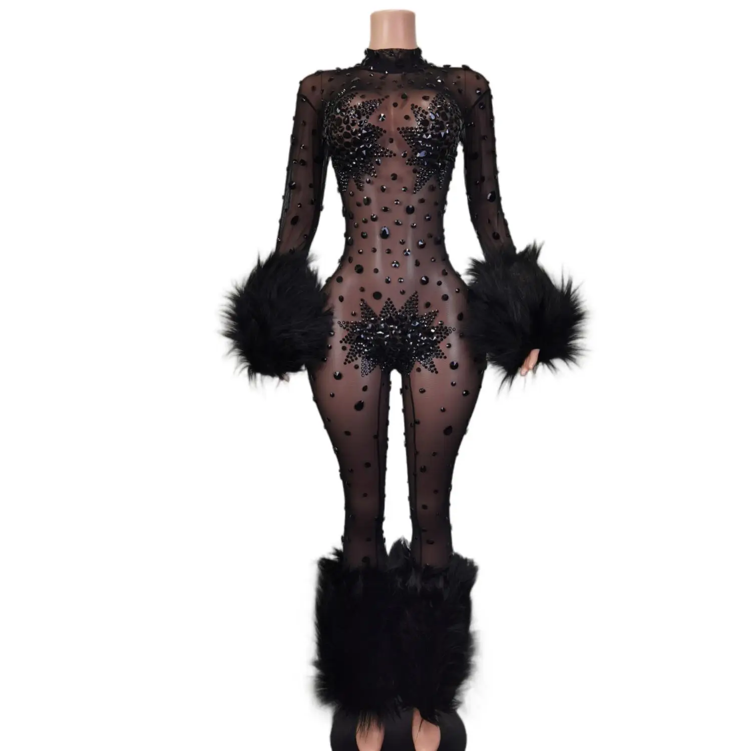 

Luxury Shining Diamonds Rhinestones Feathers Long Sleeve Sexy Bodycon Jumpsuit Evening Dress Singer Stage Show Dress Guibin