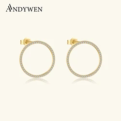 ANDYWEN 925 Sterling Silver Gold Big Circle CZ Pave Stud Earring Clip Luxury Fine Jewelry Round Crystal Women Clips Jewels