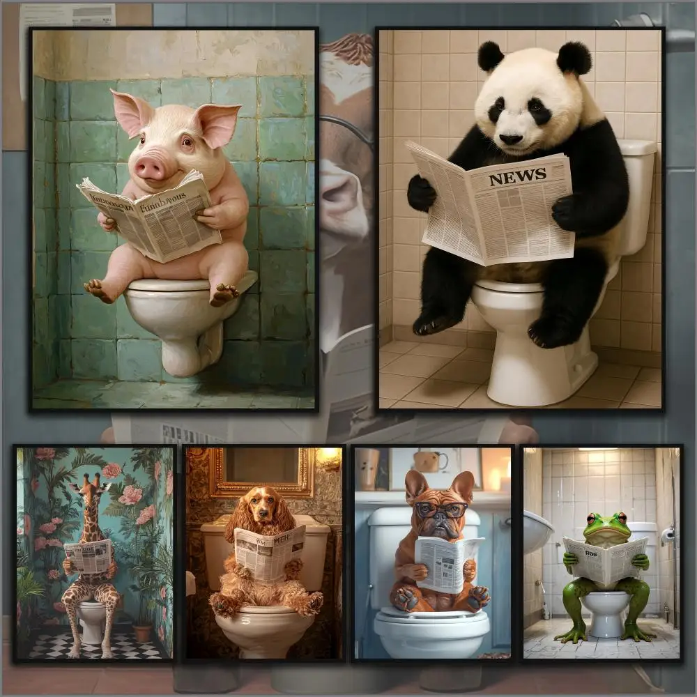 

Funny Bathroom Humorous Animal Poster Home Living Bed Room Bar Hallway Sticky Wall Art Printing Waterproof Aesthetic Decor