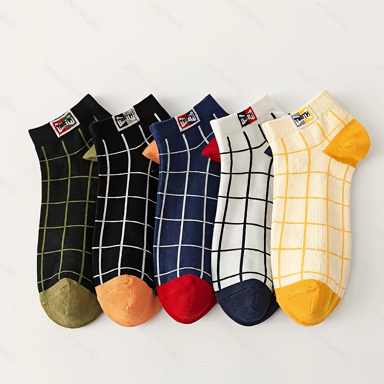 5 Pairs Wholesale Ankle Socks - Assorted Colors with Contrast Heel Grid Sole, Soft Breathable Suitable for Casual Attire
