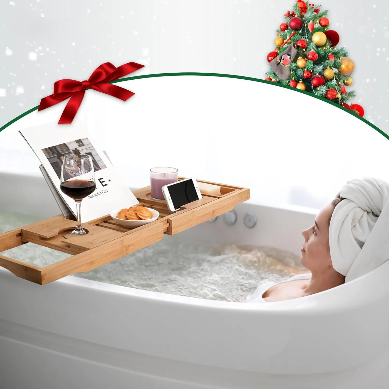 Utoplike Bamboo Bathtub Caddy Tray Bath Tray for Tub, Adjustable Bathroom Bathtub Organizer with Book Tablet Wine Glass Cup Towe