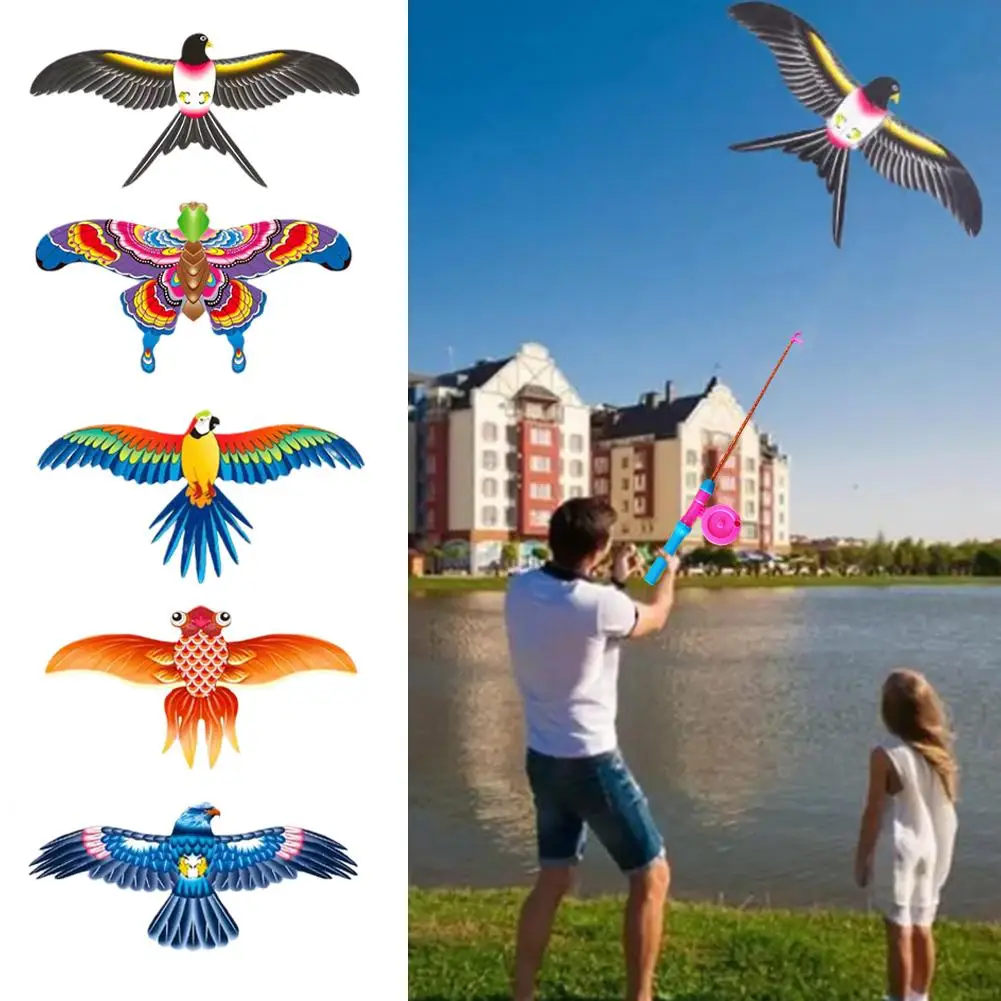 Children Kite Toy Cartoon Eagle Foldable Mini Plastic Toys Kite Hand Brake Fishing Rod Butterflies For Kids Outdoor Toy Decor