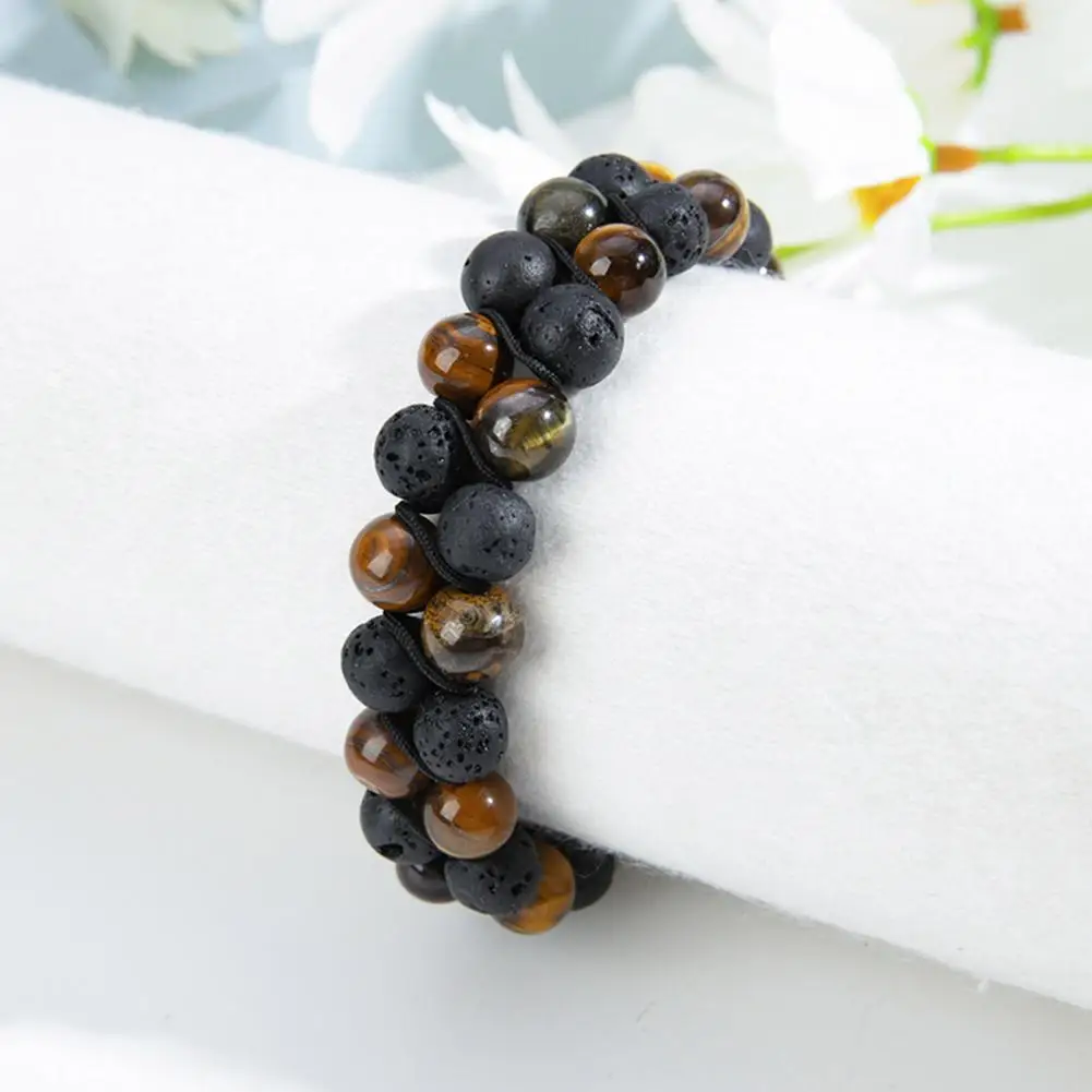 Beads Bracelet Braided Rope Double Layer Vintage Adjustable Jewelry Tiger Eye Faux Rock Stone Men Bracelet Jewelry Gift For Men