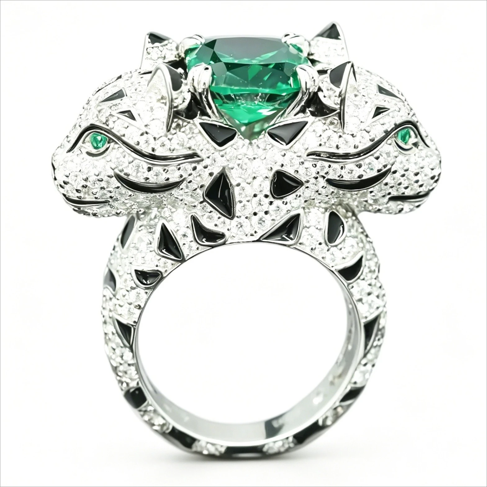 

Vintage Panther Leopard 6.65ct Emerald Ring Women's 925 Sterling Silver Enamel Statement Cocktail Fine Jewelry Banquet Gifts