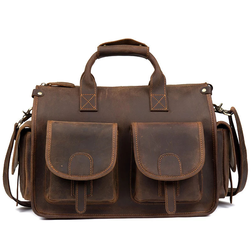 Men Bag top grade Men\'s Genuine Leather Briefcase Handbags Crazy Horse Leather Hand bag Thick Real Leather Shoulder Bag