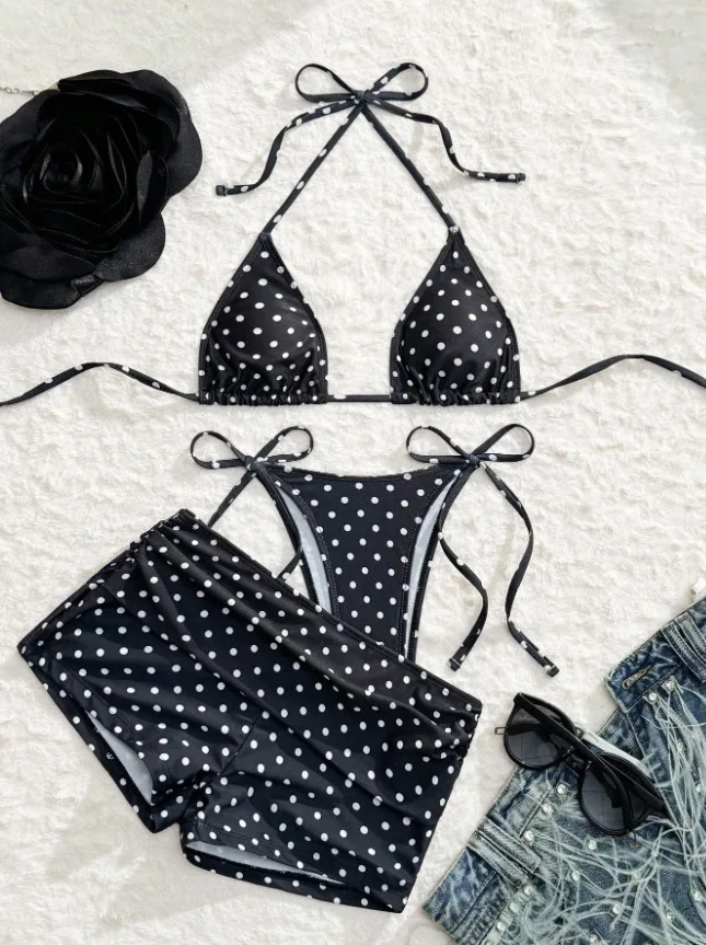 Two-Piece Suits New Ladies Summer Beach Polka Dot Suspender Black Lace-Up Three-Piece Bikini Set