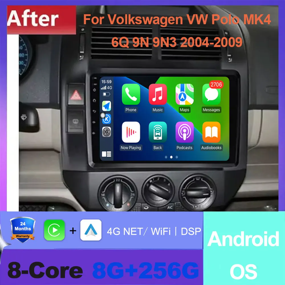 

Android Auto Carplay For Volkswagen VW Polo MK4 6Q 9N 9N3 2004-2009 Car Radio Multimedia Video Player GPS Navigation QLED Screen