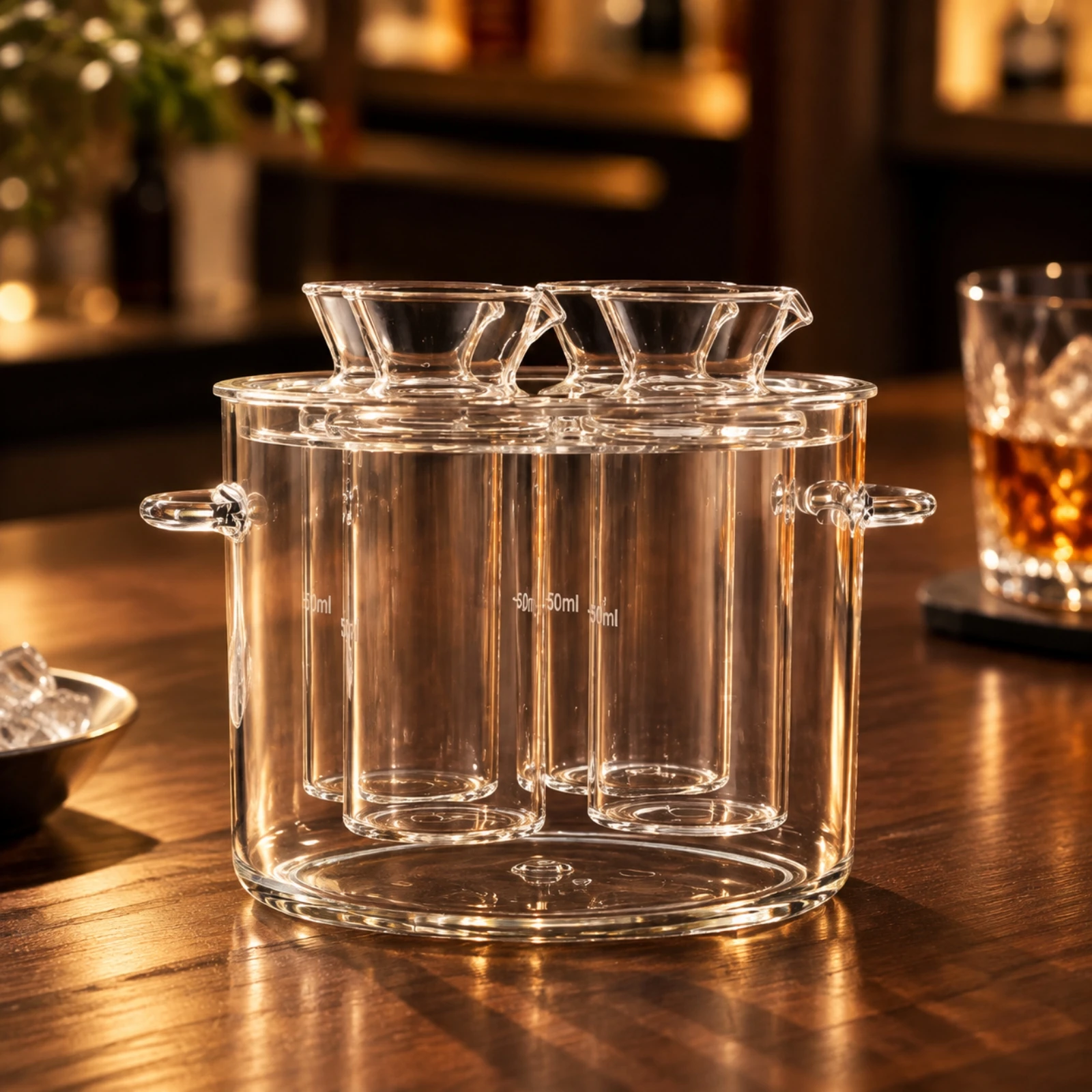 4 Pieces Transparent Ice Container with Side Handles Easy-Pour Cylindrical Pouring Spout Vessel Drink Chiller Handled