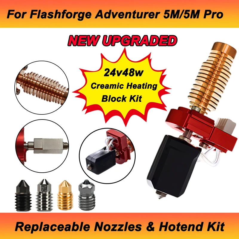 New Upgrade Hotend For Flashforge Adventurer 5M / 5M Pro Pinting Head 280℃ Ceramic Heating Block Kit AD5M Hard Steel Nozzle Hot