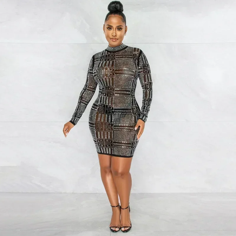 GUWU-vestido transparente de malla con diamantes para mujer, vestido de fiesta de noche transparente de manga larga con cuello redondo, Mini vestido de primavera con diamantes de imitación