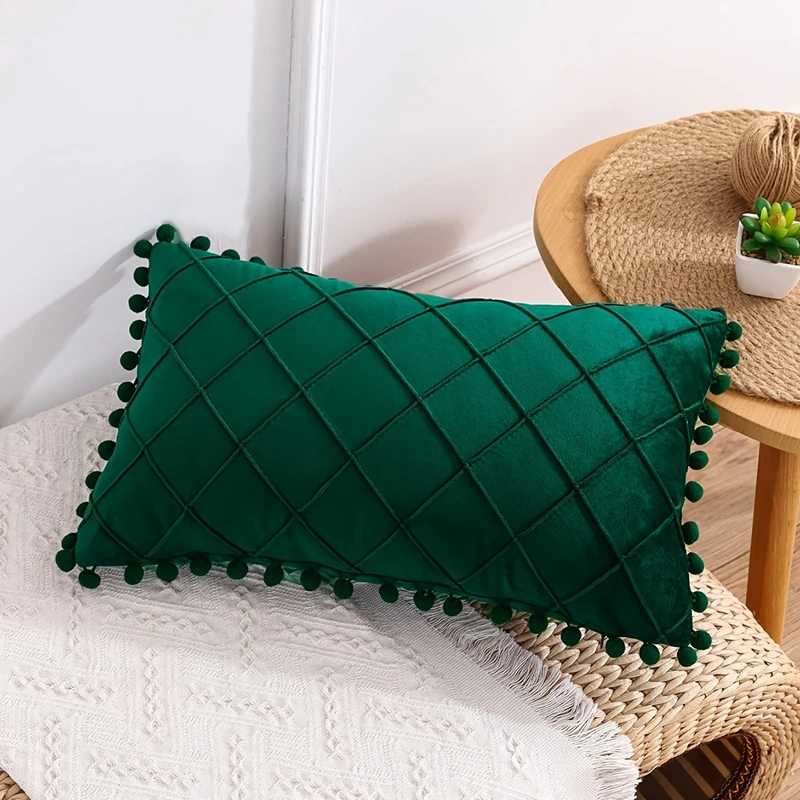 1PC Green Velvet Diamond Cushion Cover 30x50cm/45x45cm Decorative Throw Pillow Case with Pompom Tassel for Christmas Gift