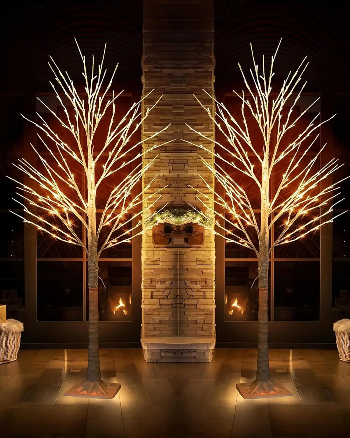 Paquete de 2 árboles de abedul iluminados de 6 pies, árbol de Navidad artificial preiluminado de 288 LED, decoración interior y exterior blanca cálida para Acción de Gracias, boda