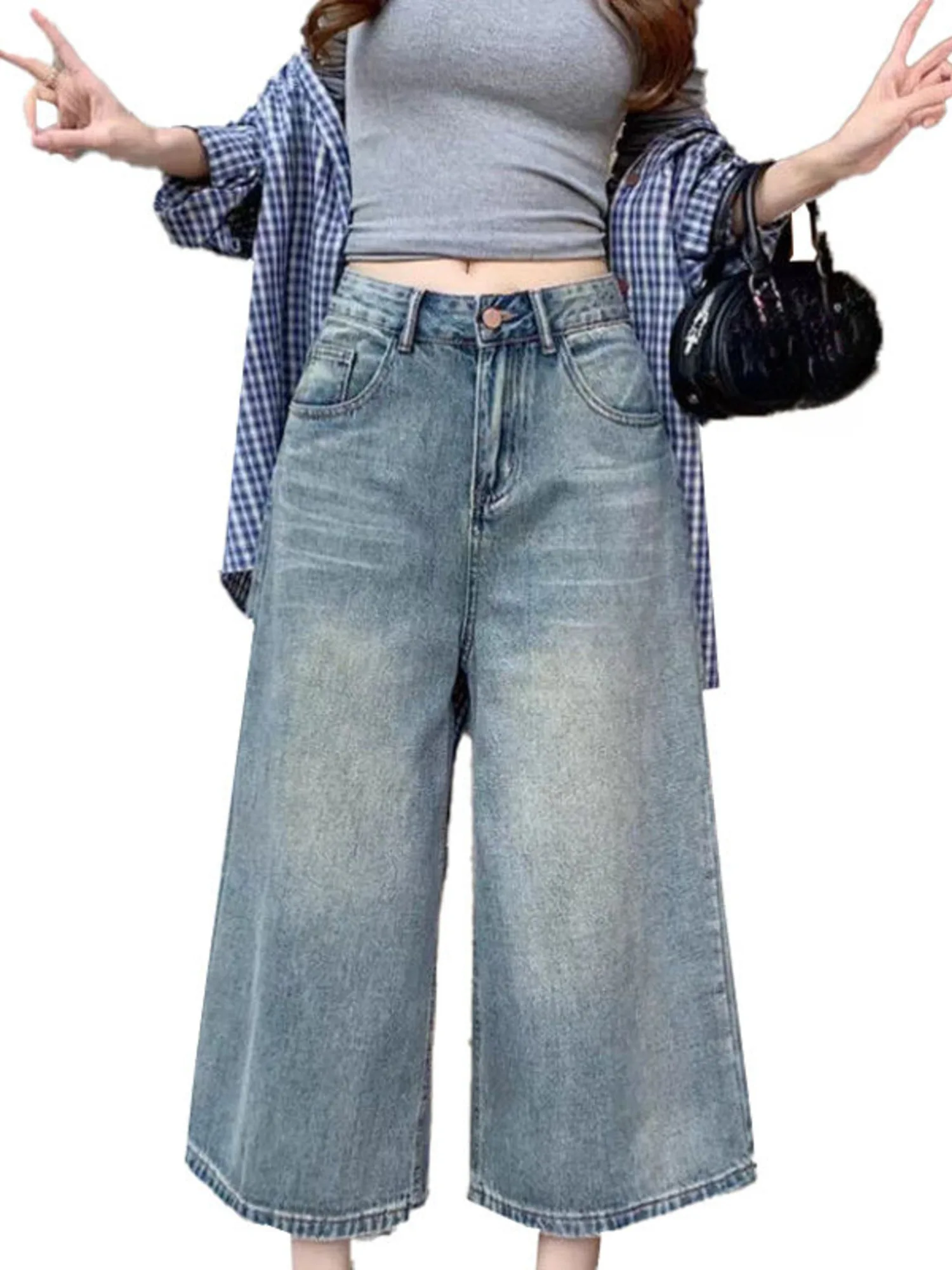 

Women Vintage Washed Wide Leg Cropped Jeans High Waist Baggy Denim Pants Y2K Streetwear