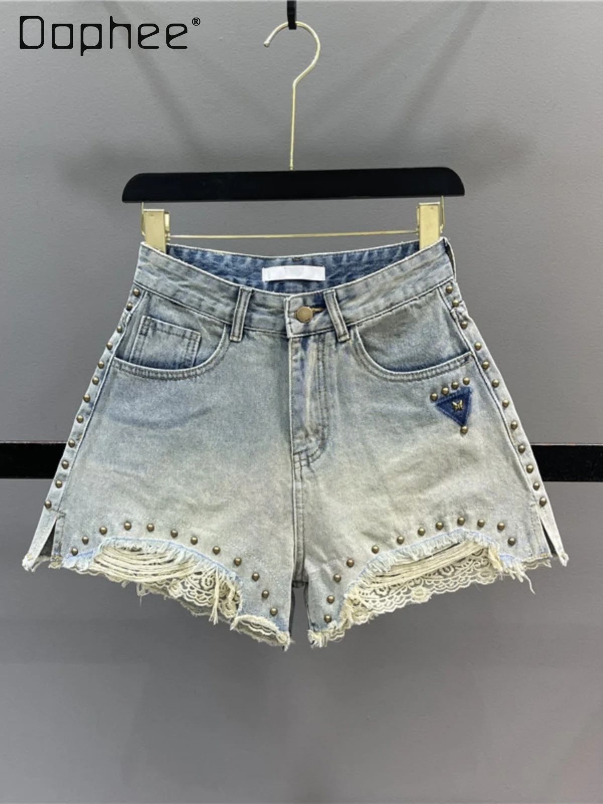 

Chic Rivet Ripped Denim Shorts Lace Hem Patchwork High Waisted A Line Wide Leg Short Jeans Vintage Slit Side Korean Style Women