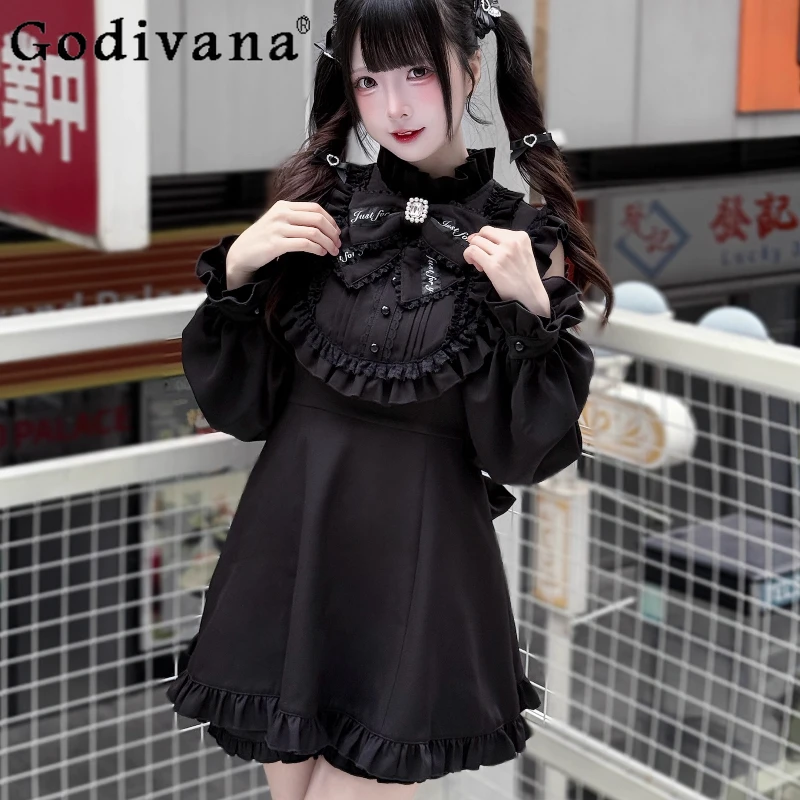 

Japanese Style Mine Sweet Long Sleeve Dress Set Autumn New Girls' Cute Bow Slim Fit Elegant Lolita Dress Shorts 2-Piece Set