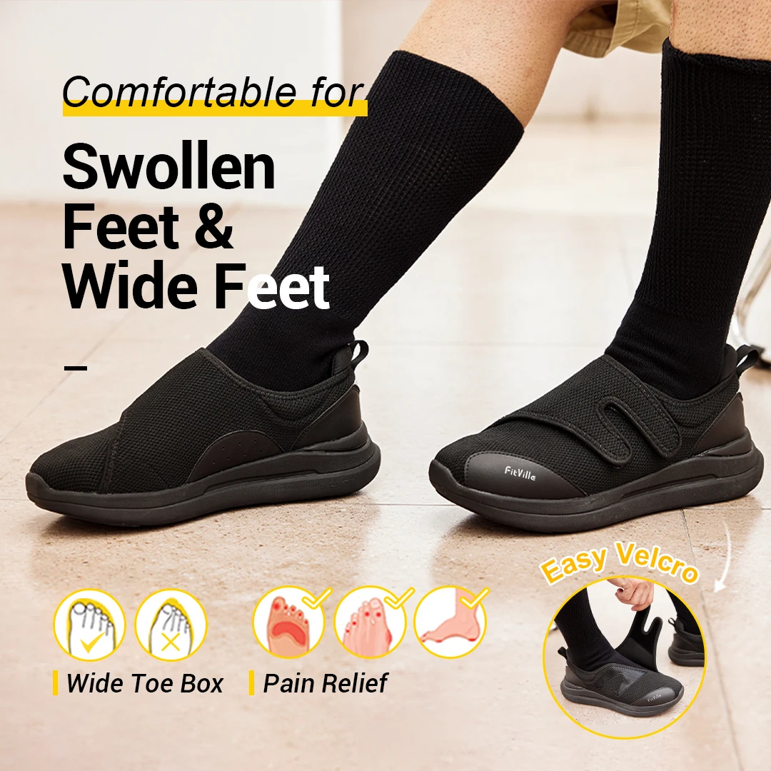 FitVille Diabetic Shoes Men Extra Wide Walking Casual Shoes for Swollen Feet Orthopedic Adjustable with Arch Support Cushioning