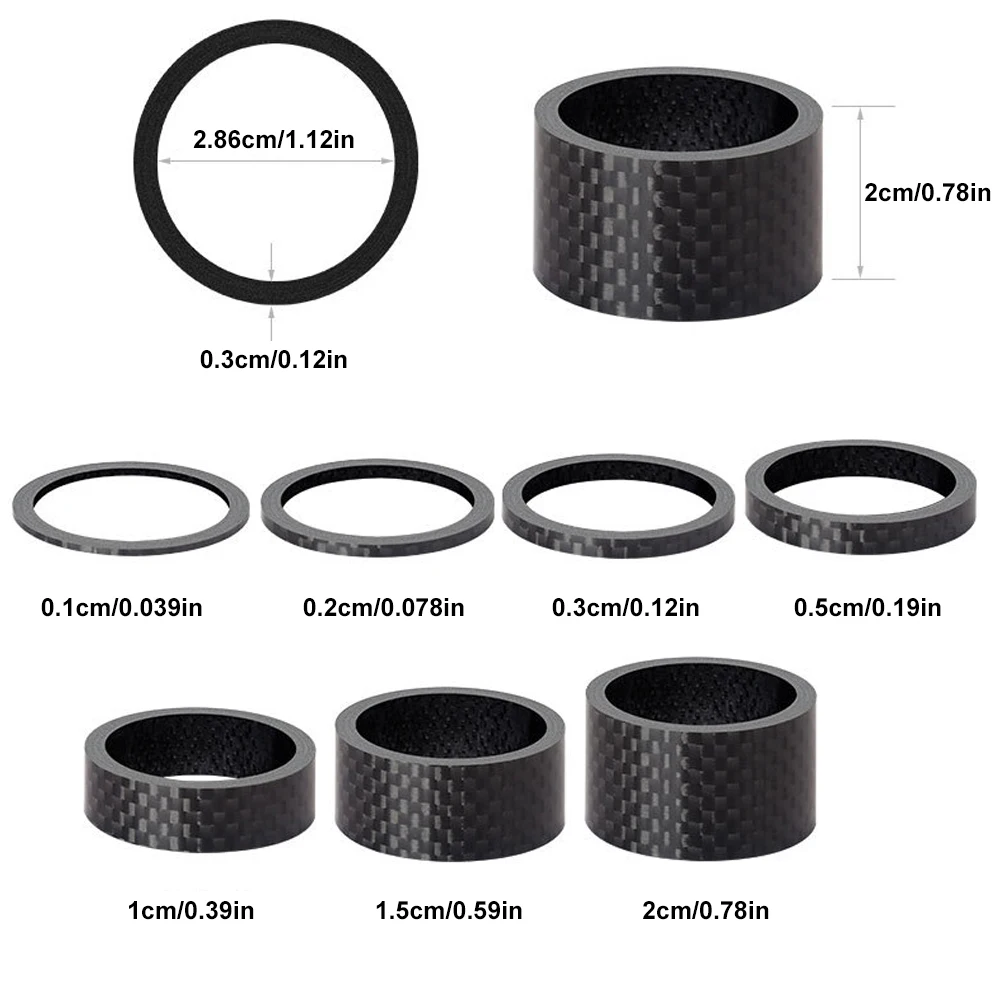 5Pcs Headset Spacer for Bicycle, 7 Sizes Carbon Fiber Road Bicycle Stem Headset Spacers Kit for 28.6mm Stem, 1/2/3/5/10/15/20mm